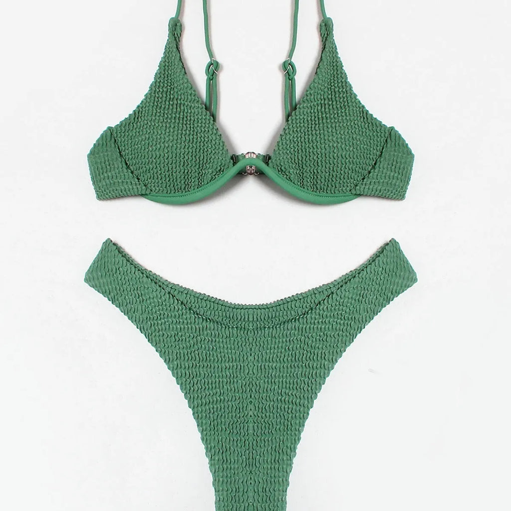 Women's green bikini suit with ruffle split detail on quick-drying polyester fabric
