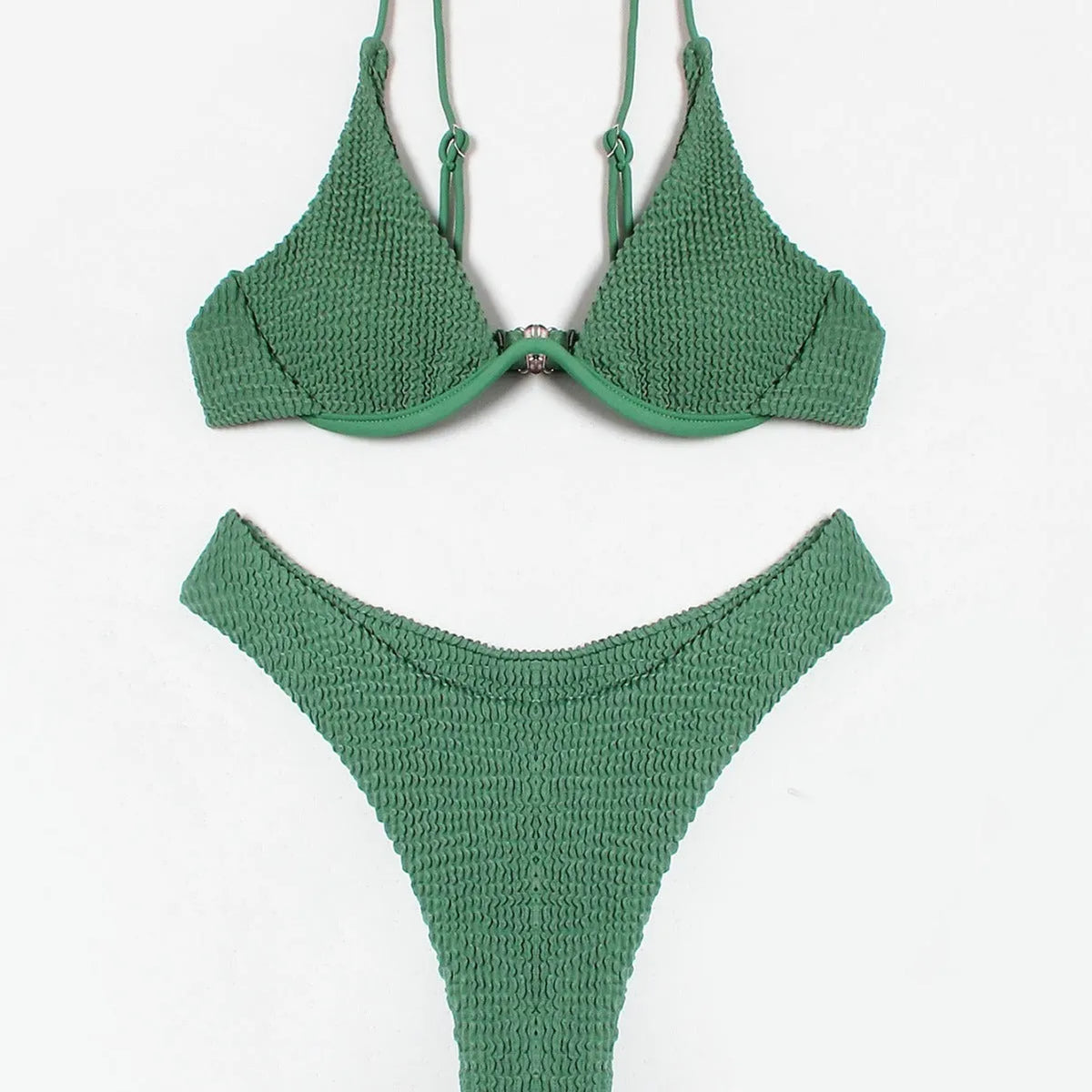 Women's green bikini suit with ruffle split detail on quick-drying polyester fabric