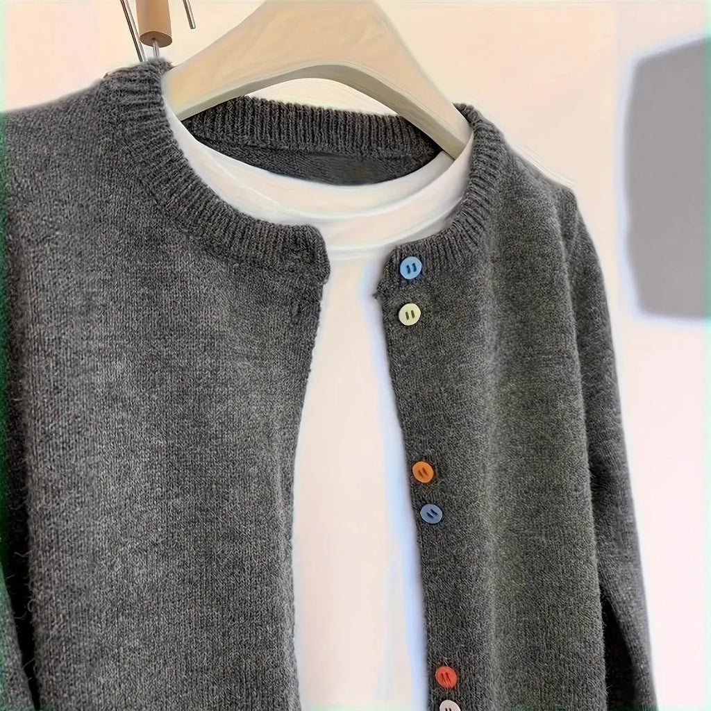 Dark grey women's polyester cardigan sweater with button front and long sleeves