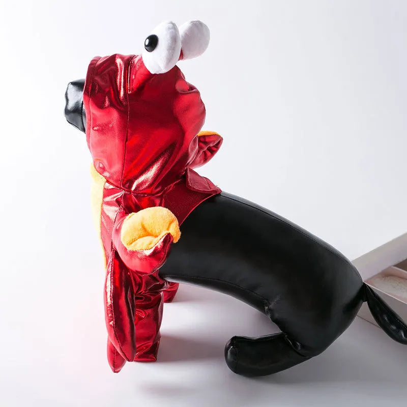 Red PU pet costume for cats and dogs, a transfiguration outfit for Halloween, shown in size M.