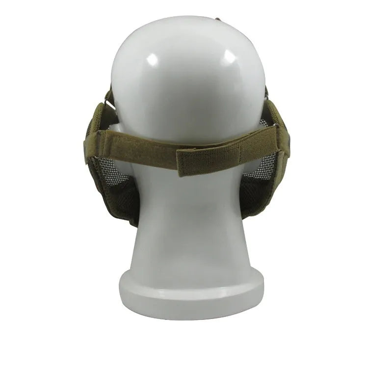 Carbon steel net protective face mask with head-mounted straps in a camouflage pattern.