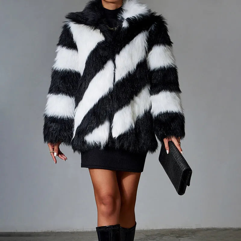 Faux fur coat with contrast lapel and fur collar in a 50cm length