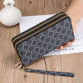 Long black PU leather wallet clutch with print detail showing mobile phone compartment and coin purse