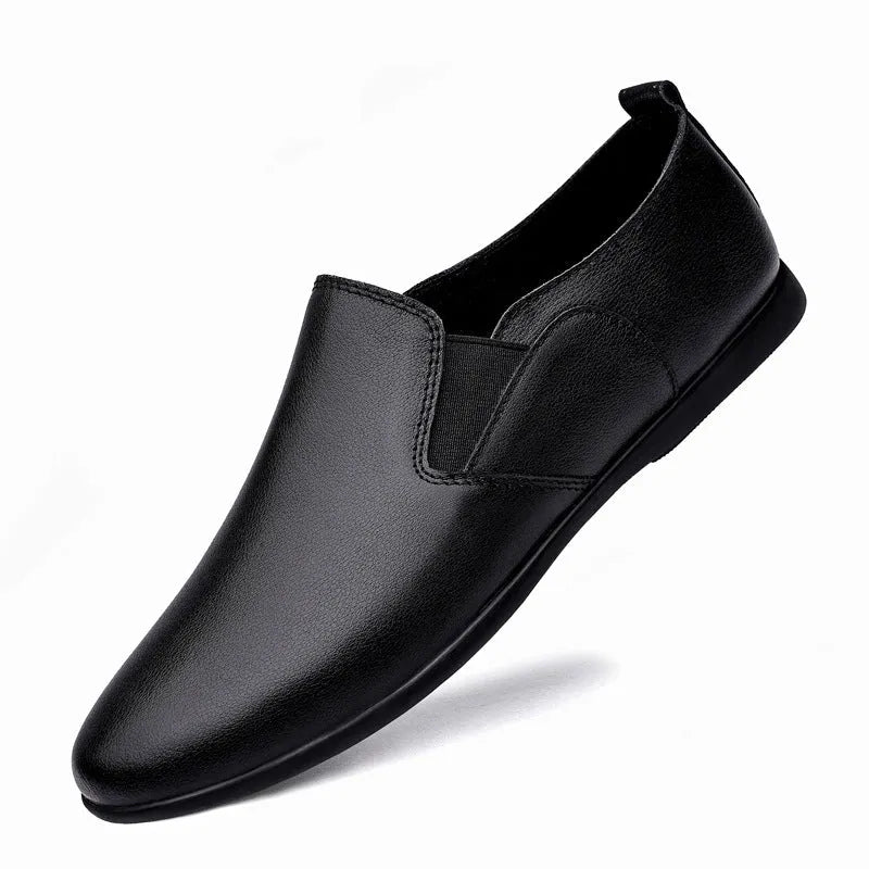 Men's black leather business casual shoes with round toe design