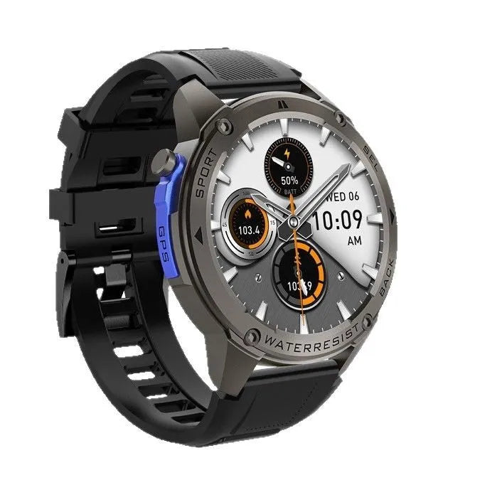Black smart watch with AMOLED screen showing outdoor compass and heart rate data on wrist
