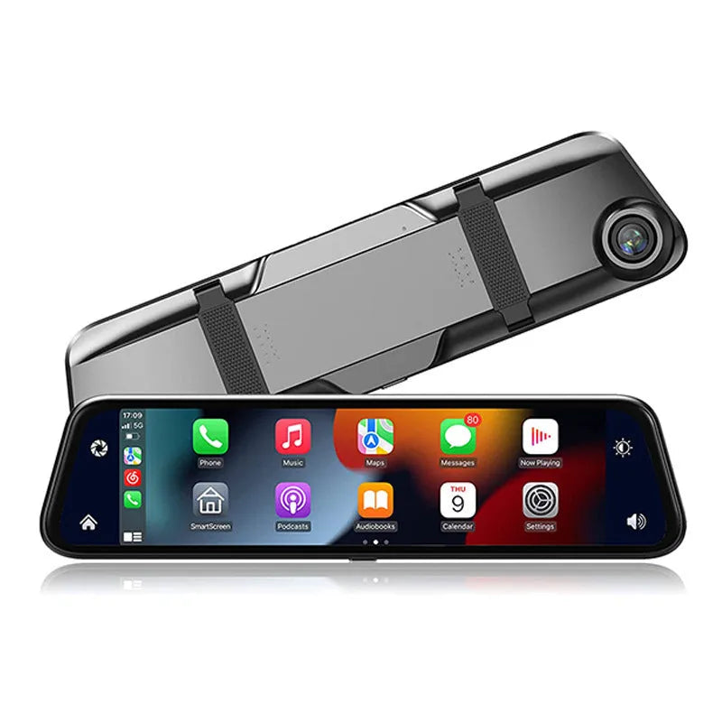 Black universal 9-inch car GPS navigation and DVR system with a large touch screen on a dashboard.