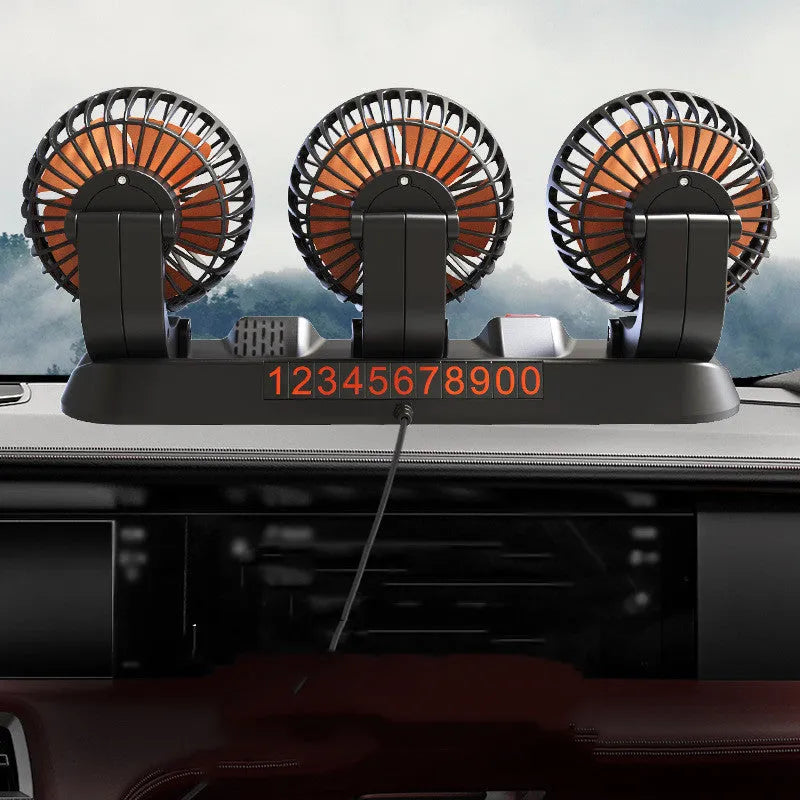 Three head portable electric cooling fan for vehicles with cigarette lighter and USB power options