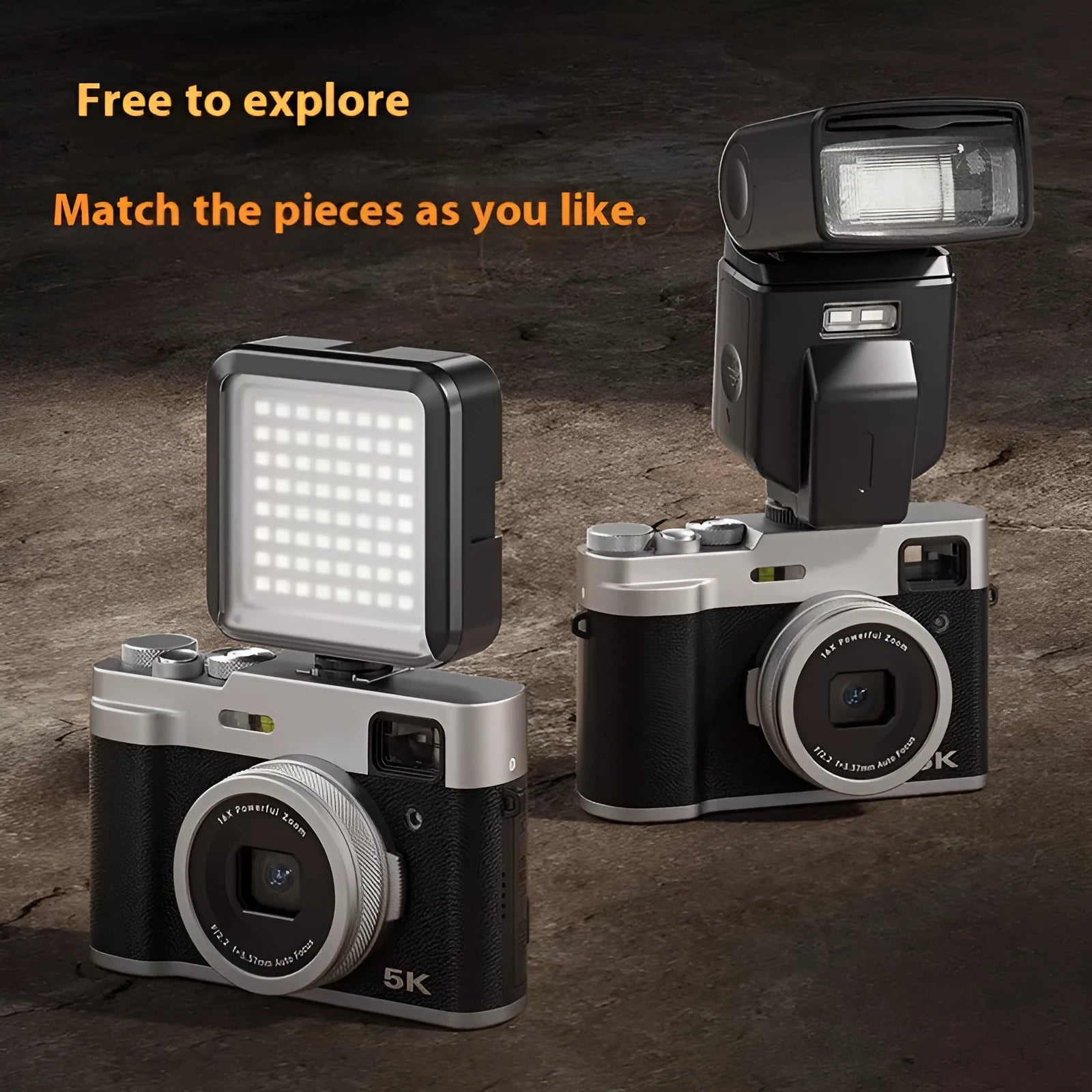 Black and brown 5K digital camera with dual lenses, optical viewfinder, and a 2.88-inch screen.