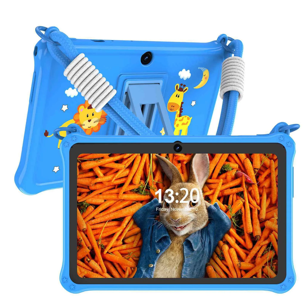Sapphire blue silicone protective case for a 7-inch children's device with a flat strap, shown with included screen film and cable.