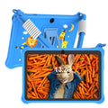 Sapphire blue silicone protective case for a 7-inch children's device with a flat strap, shown with included screen film and cable.