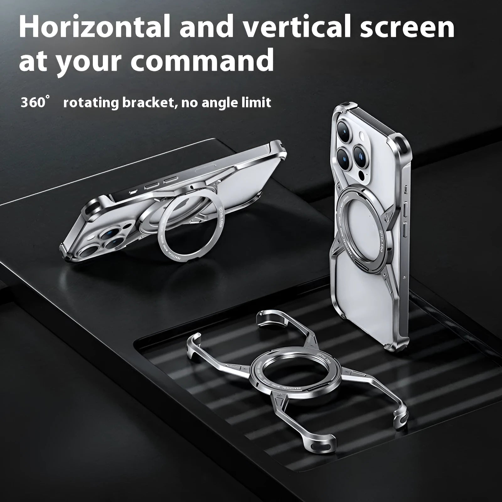 Metal shockproof phone case with built-in kickstand and magnetic mount for Apple iPhone 13 14 15 series in silver and gray
