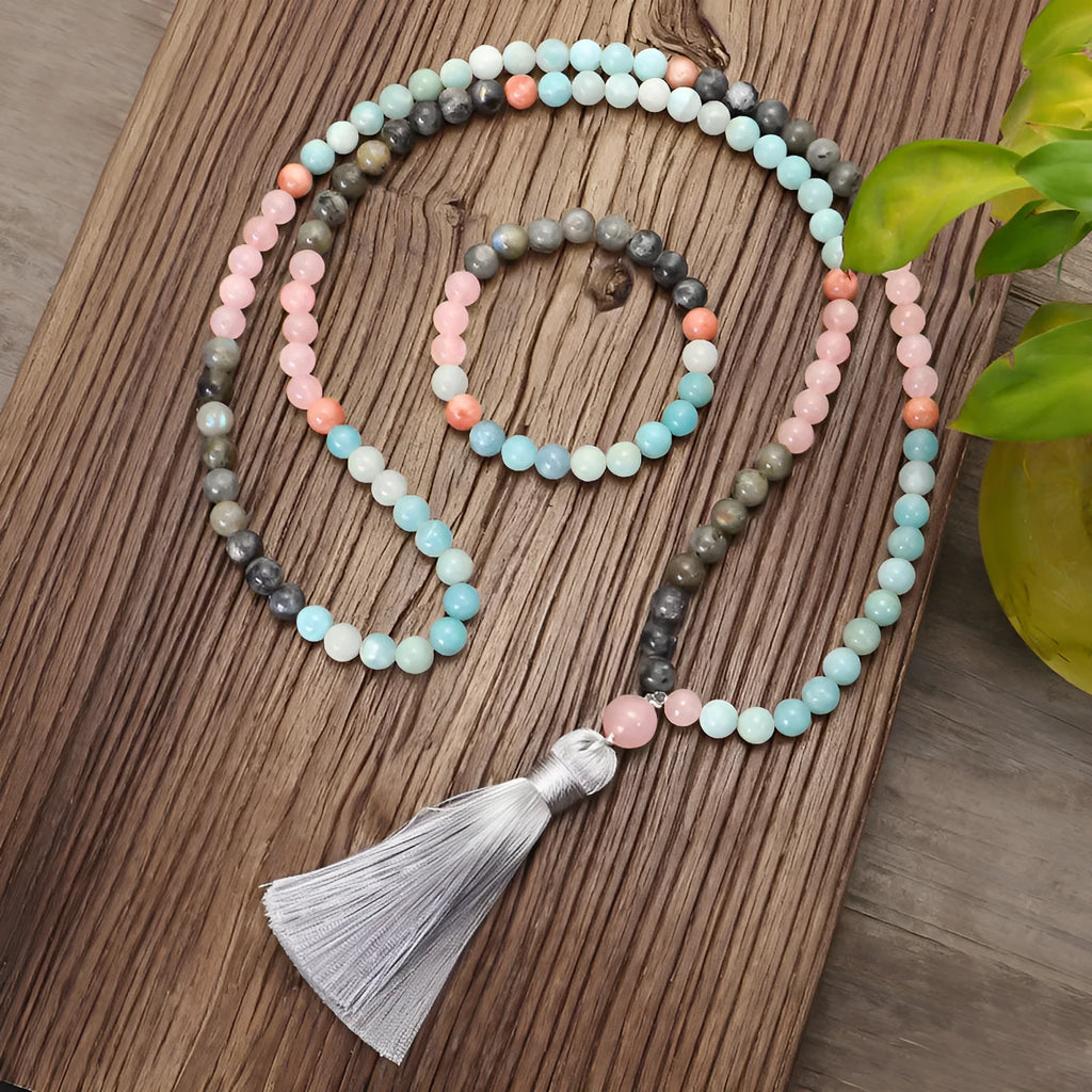 Bohemian stone necklace and bracelet set with colourful pendant and tassel decoration