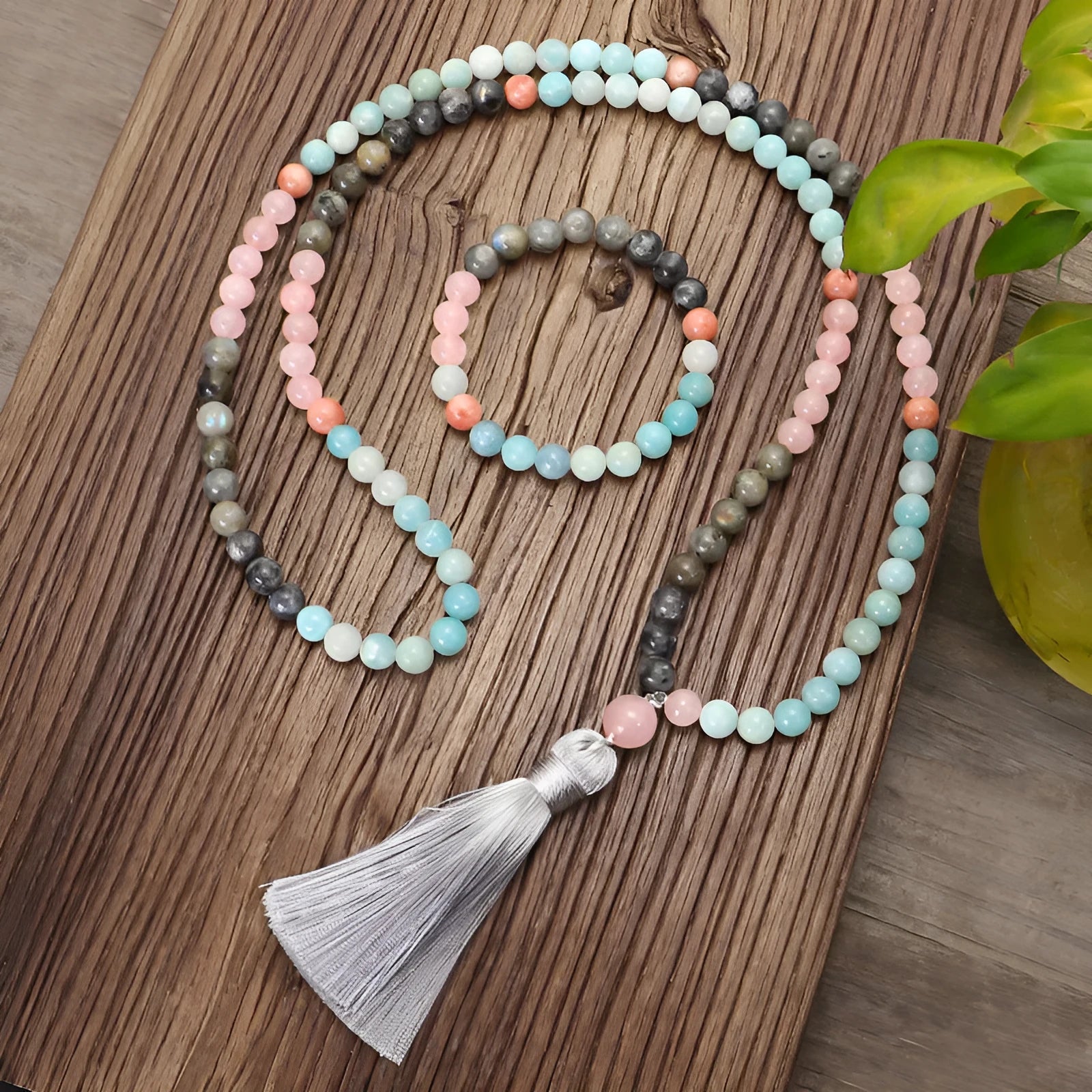 Bohemian stone necklace and bracelet set with colourful pendant and tassel decoration