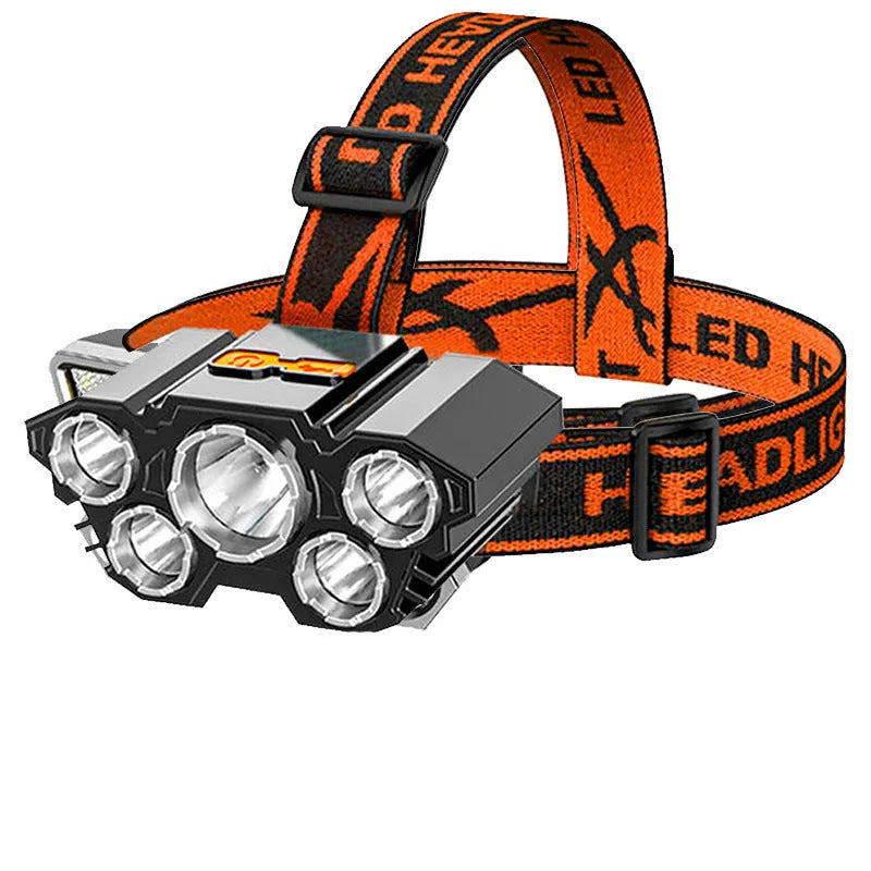 Head-mounted LED miner's lamp with 10W light, adjustable strap, and charging cable on a light-colour background.