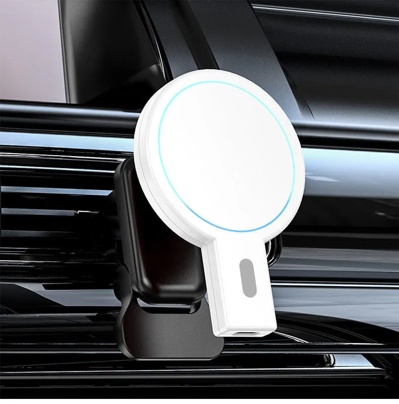 White magnetic wireless phone charger on desk with phone charging