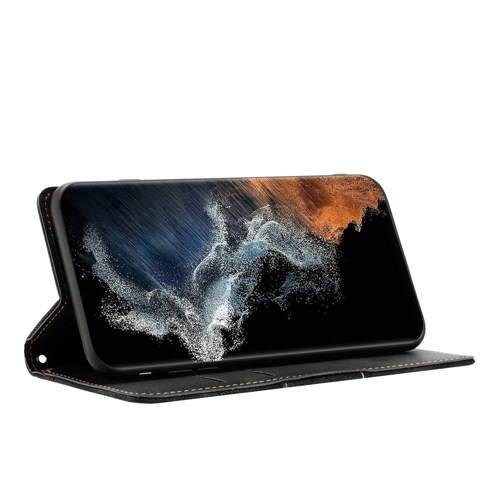 Samsung PU leather phone case in black with multi-card insert slot and built-in kickstand