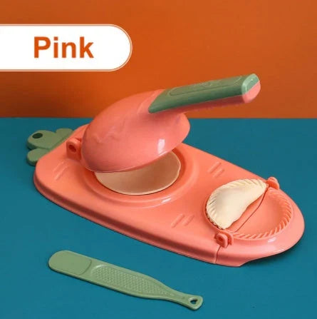 A versatile 2-in-1 kitchen tool for easily pressing dough and forming perfect dumplings, made of durable, food-grade plastic with an ergonomic handle and hanging hole for convenient storage.