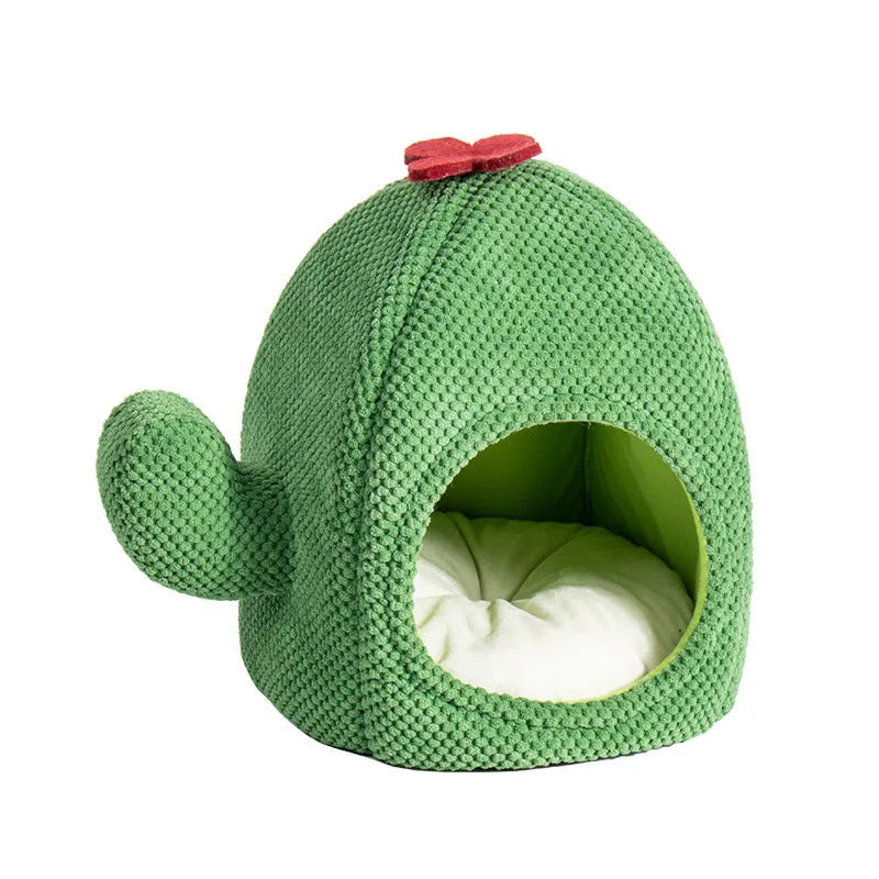 Green enclosed cat cave bed for kittens and small dogs, showing cosy interior.