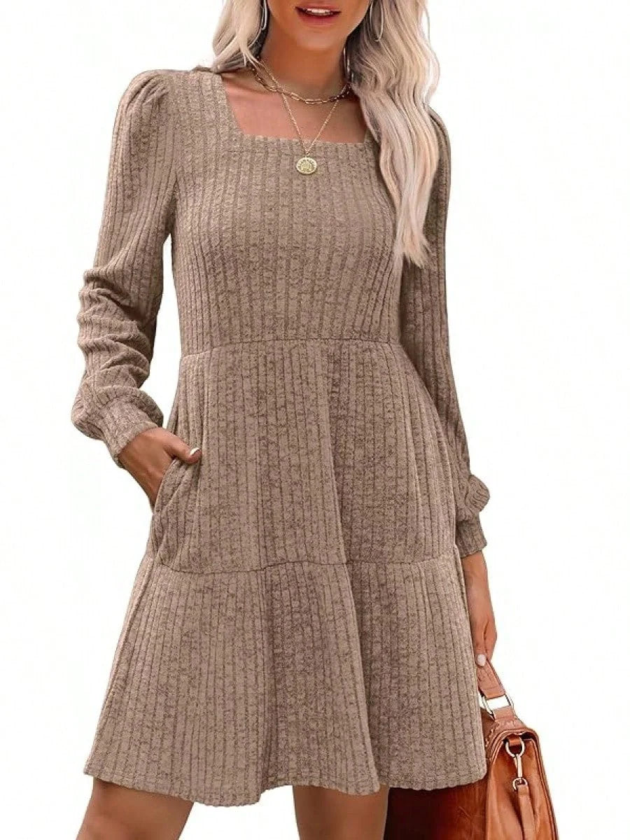 Solid colour round neck knitted dress sweater with long sleeves in various colours