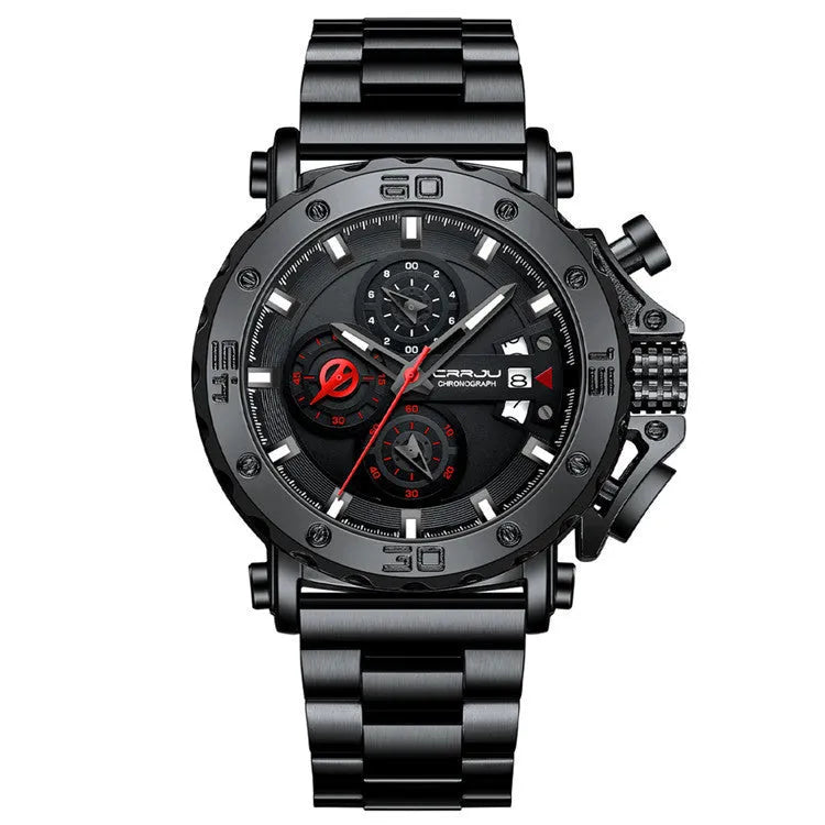 Men's quartz watch with oversized 4.7cm dial, solid stainless steel band, and blue face