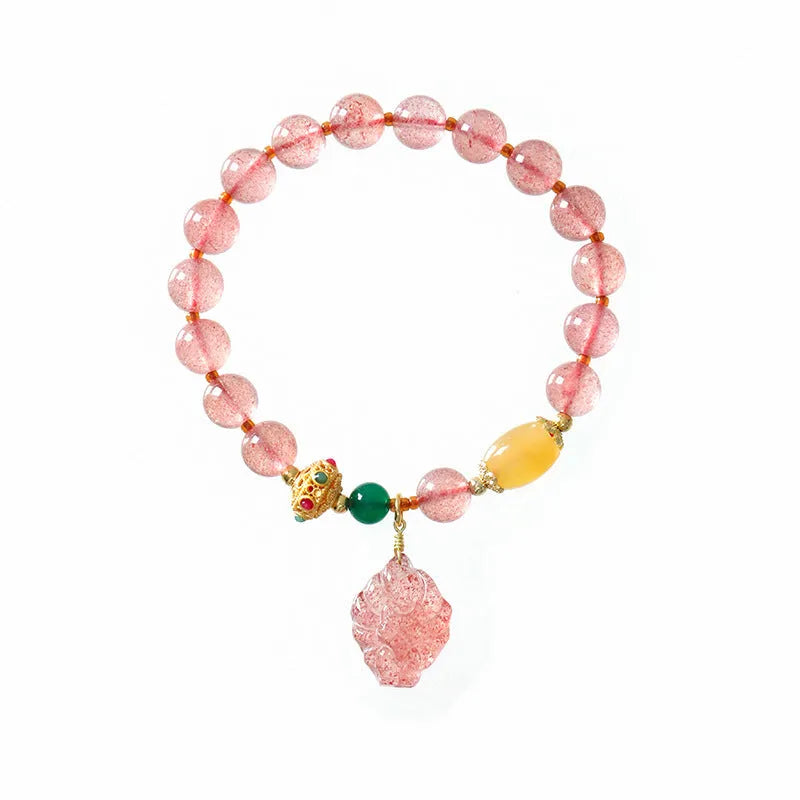 Women's strawberry quartz crystal beaded bracelet with magnetic clasp in a Nine Tail Fox design.