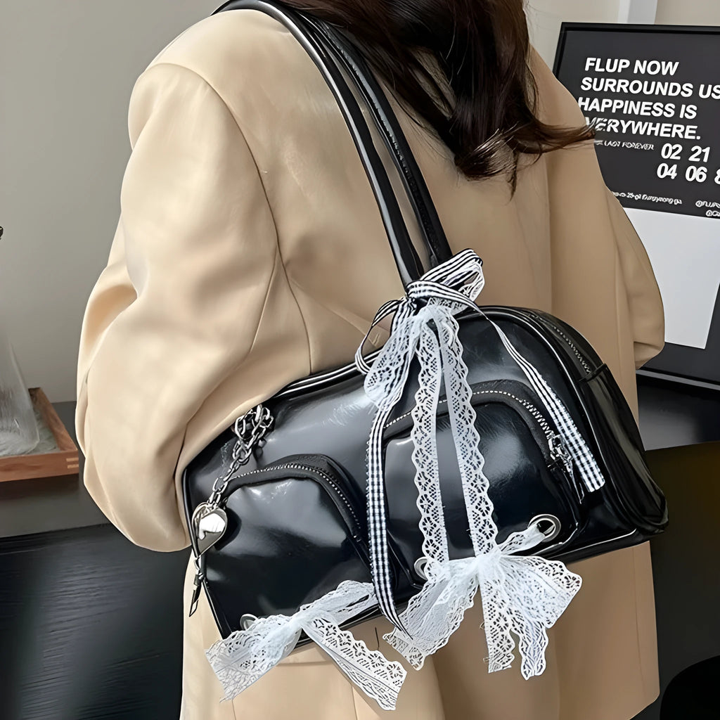 Large capacity horizontal square PU leather shoulder bag with double straps and phone compartment