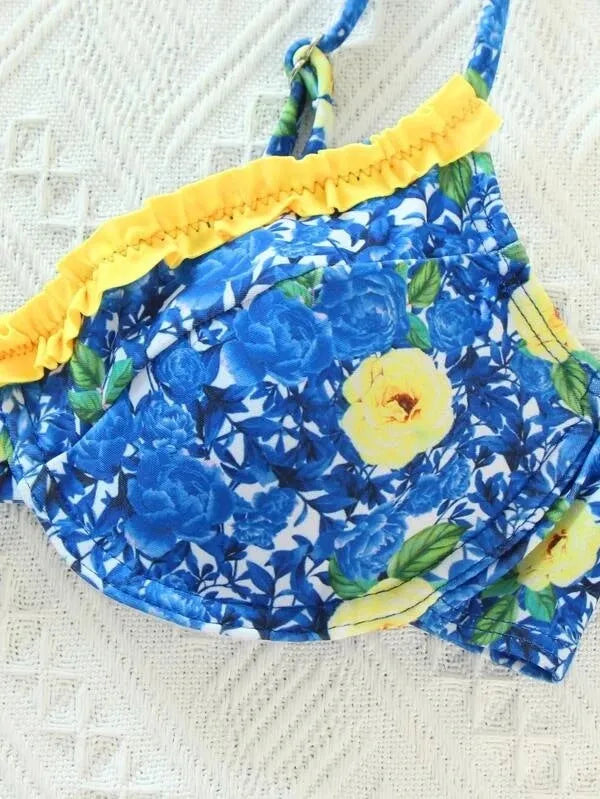Ladies solid blue backless bikini swimsuit two-piece set polyester fibre