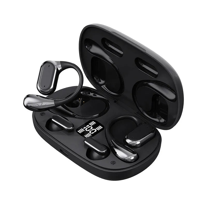 Ear-mounted sports Bluetooth headset with digital display in black colour