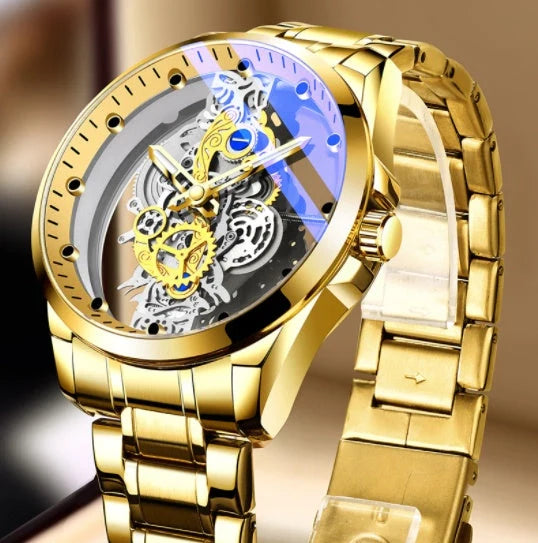 Men's skeleton automatic quartz watch with gold finish and mineral glass