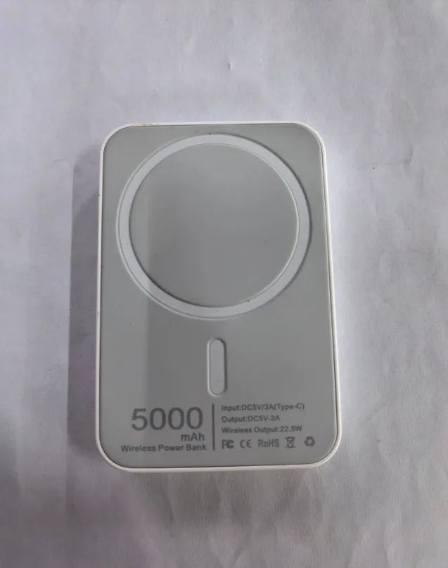 White magnetic wireless charger power bank with foot-shaped design showing dimensions