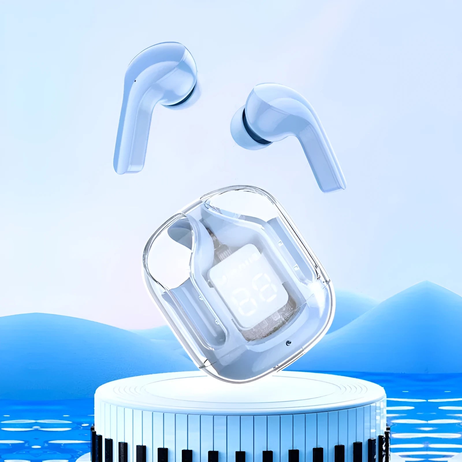 Transparent space capsule case true wireless Bluetooth earphones showing digital display and multiple colour options