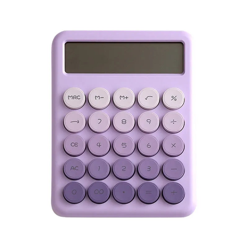 Desktop calculator with gradient colour finish in violet, blue, mint, or pink on a desk.