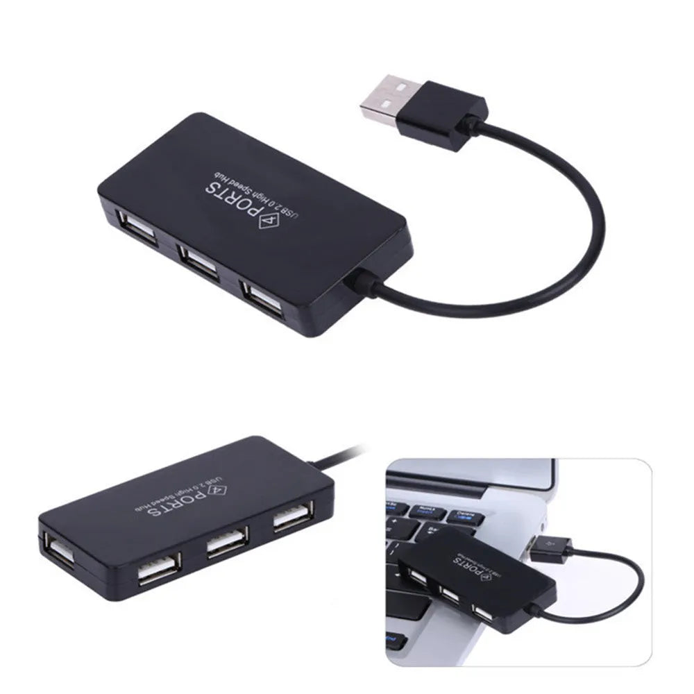 Black USB 2.0 4-port hub with cable and on/off switch on a desk