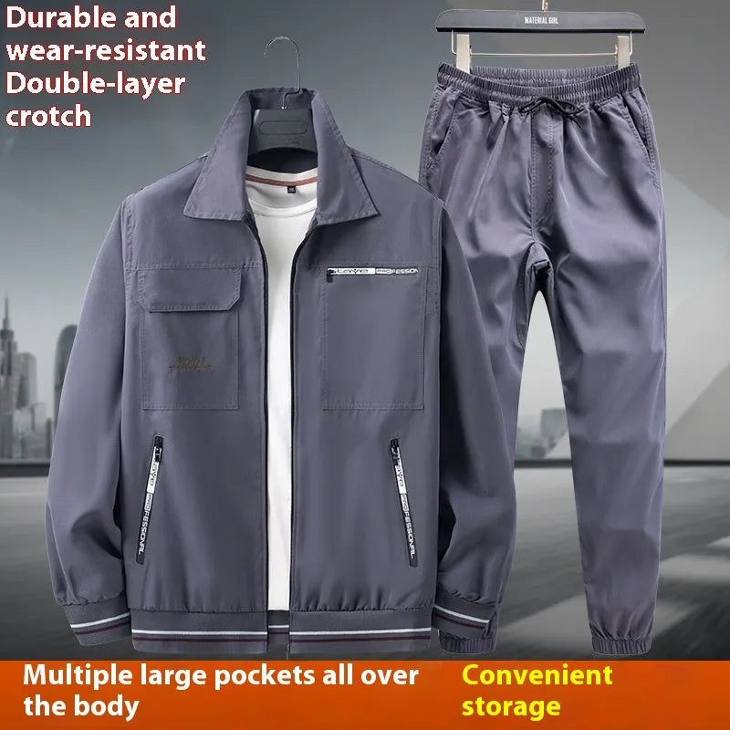 Men's thin camouflage cargo pants suit set in army green, polyester, lightweight workwear