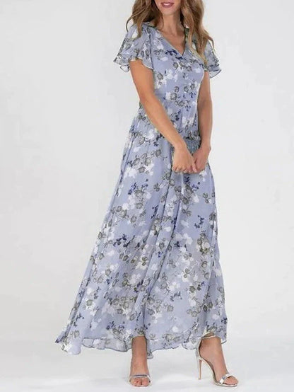 Floral print V-neck A-line dress with ruffle sleeves for women