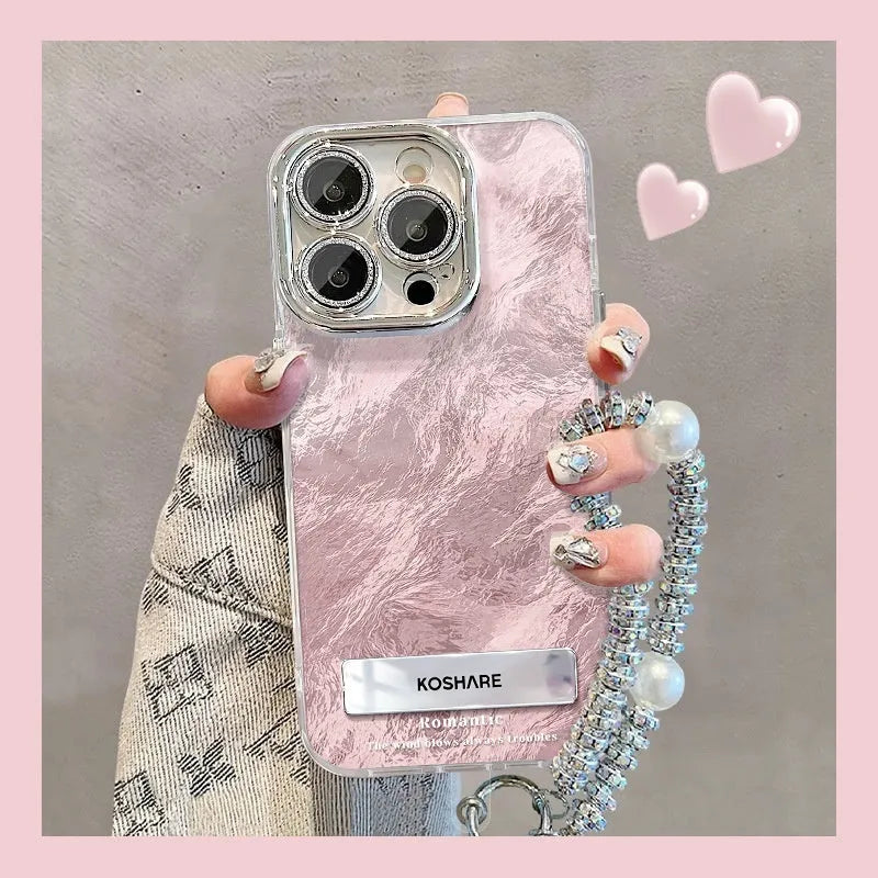 Ice blue gradient hard PC phone case with invisible bracket and silver chain for iPhone 15 Pro Max
