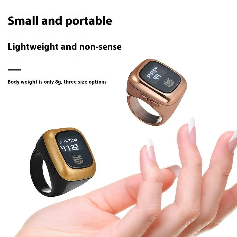 Al-fatiha Zikr electronic counter on wrist showing digital display, available in black, rose gold, silver, wine red, green.