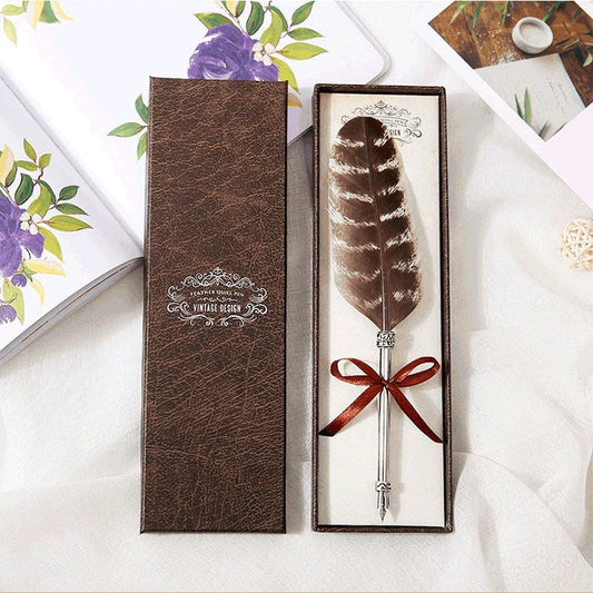European Retro Feather Pen with stainless steel shell and gift box packaging