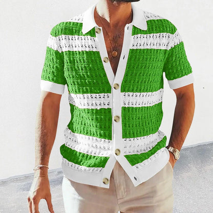 Men's summer knitted polo neck short sleeve cardigan in breathable polyester