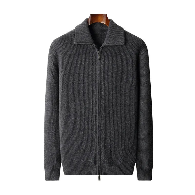 New pure wool zipper cardigan for men in dark gray with lapel collar and front zip, shown on a model
