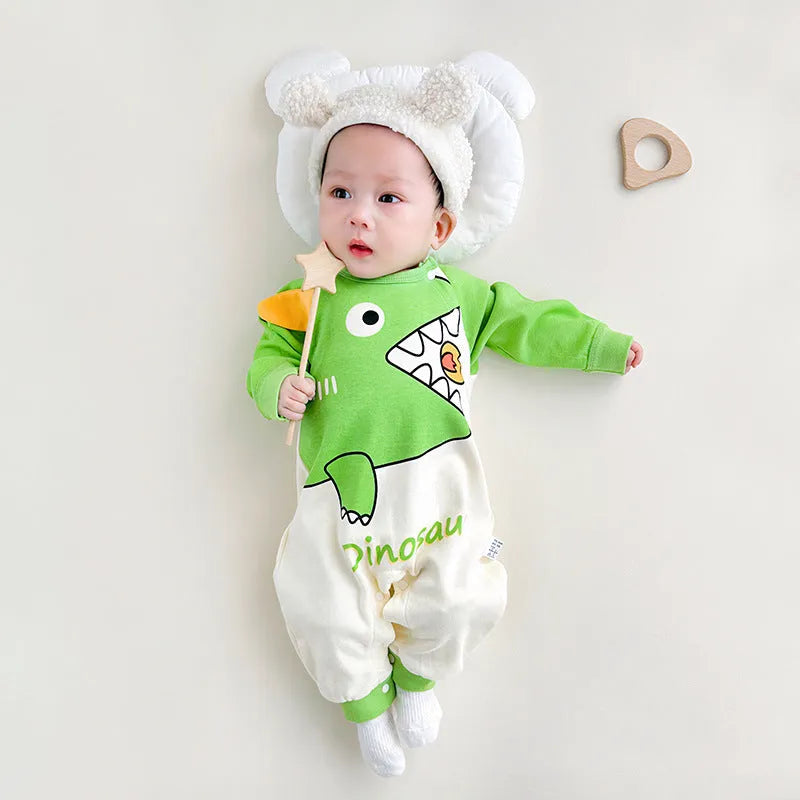 Cotton long sleeve baby jumpsuit in size 73cm with fun print, neutral unisex design for spring autumn