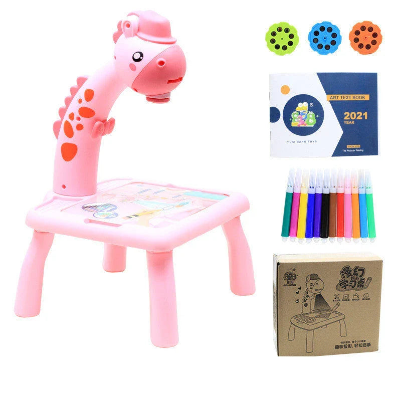 Children's art desk with LED projector, watercolor pens, and music function for creative expression and learning