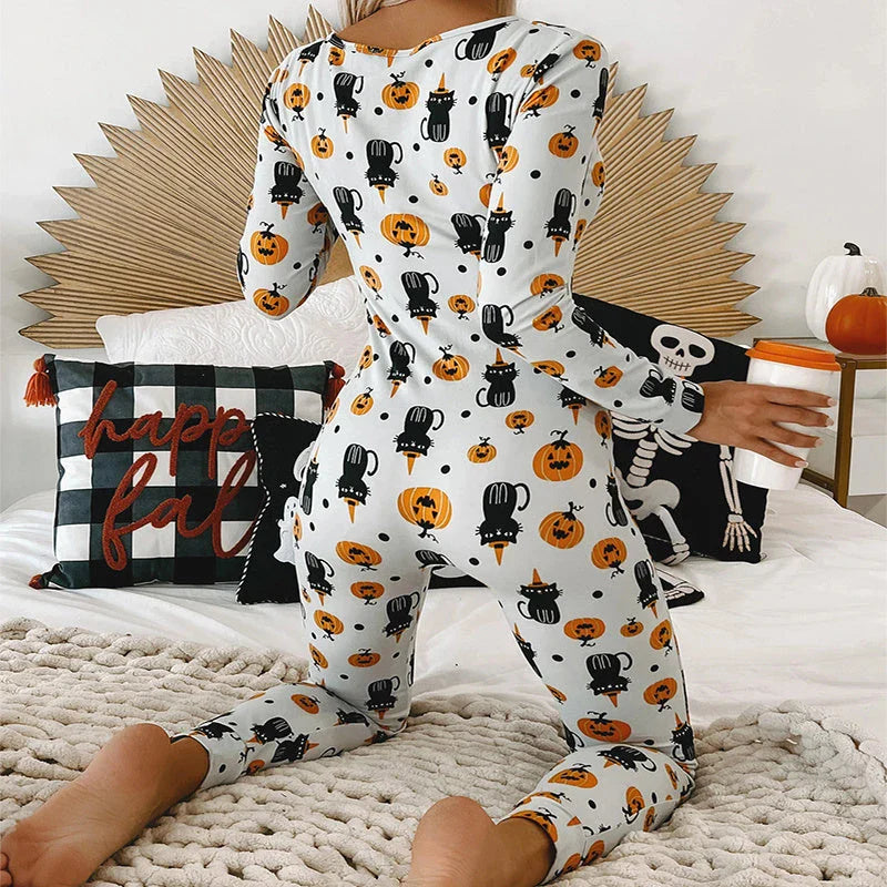 Stylish Halloween-themed pajama jumpsuit with long sleeves and a variety of vibrant prints