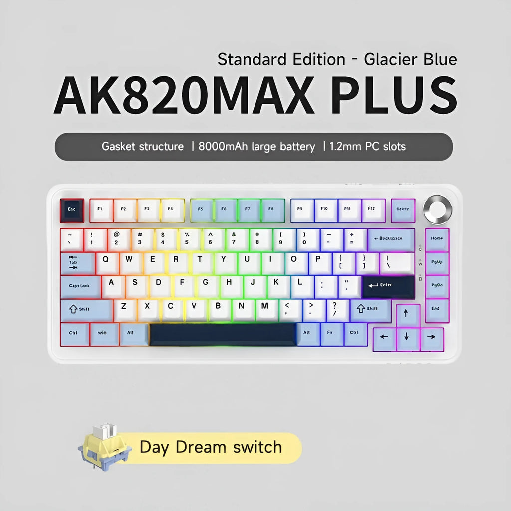 Three-mode wireless mechanical keyboard with hot-swappable sockets, PBT plastic, includes dust cover and pullers