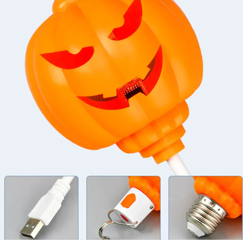 USB-powered pumpkin decorative lamp showing purple or yellow light options