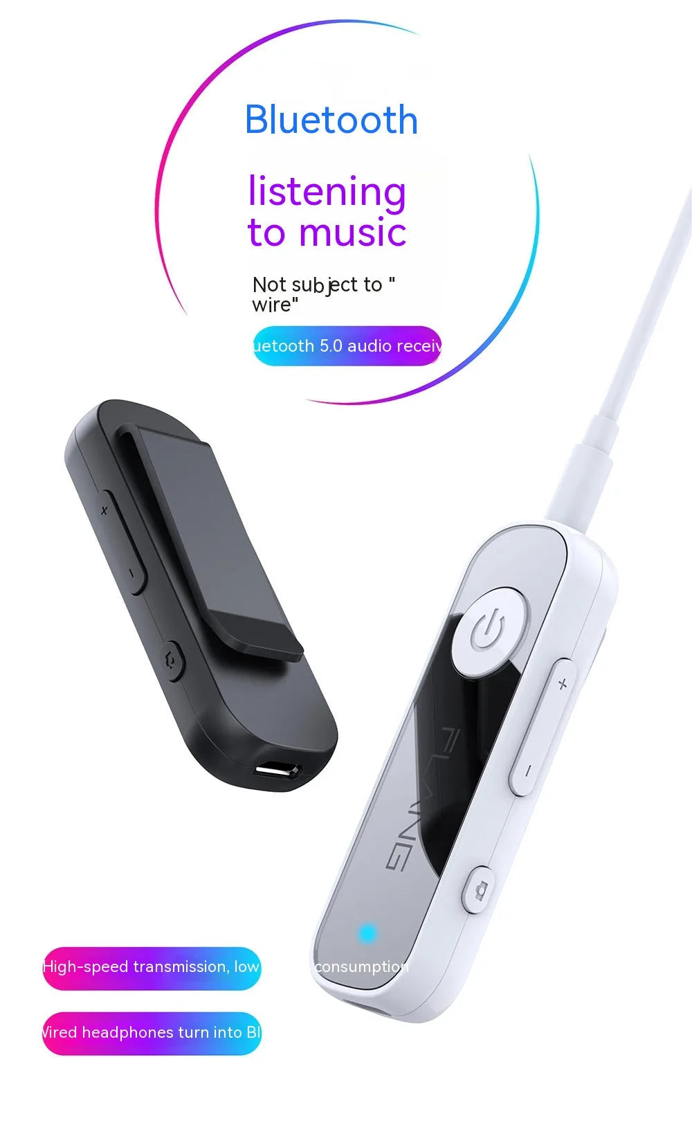 Bluetooth selfie stick with wireless adapter and aux car sound receiver in black and white ABS plastic
