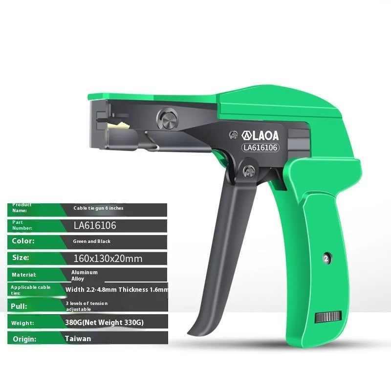 6-inch cable tie gun in green and black with 3-speed tension adjustable mechanism for plastic ties up to 4.8mm
