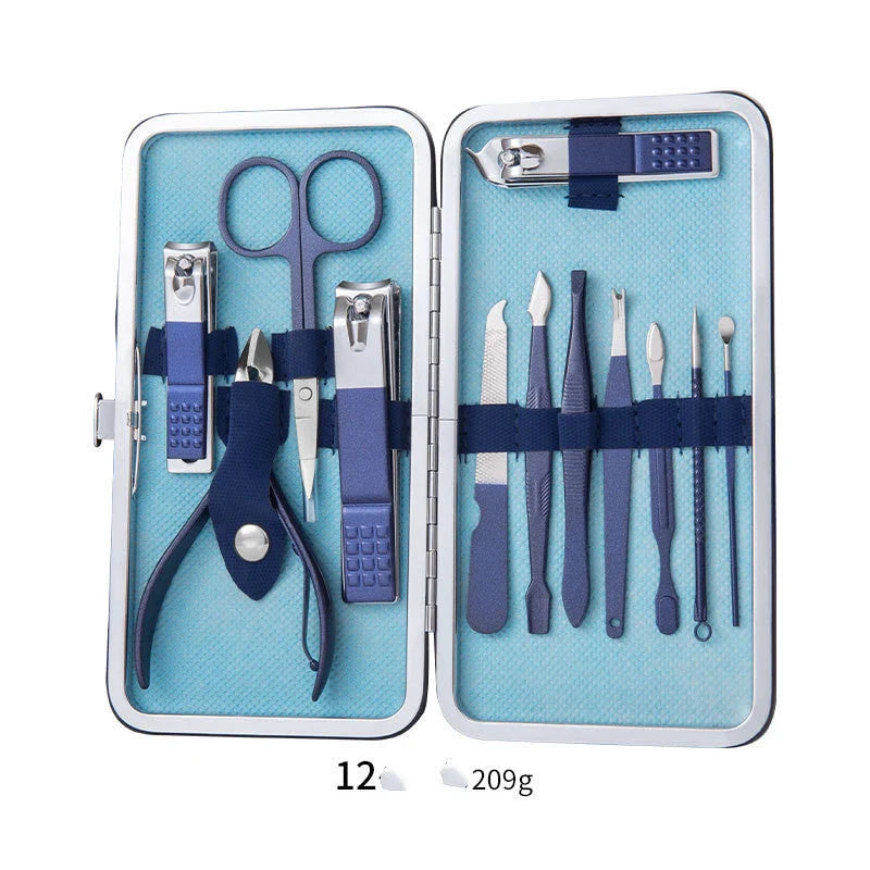 Professional Nail Care Set with stainless steel tools in a leather case
