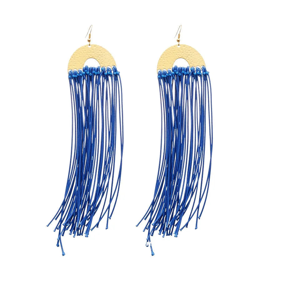 Geometric women's earrings with round elements in Silver Needle-blue colour on cloth material
