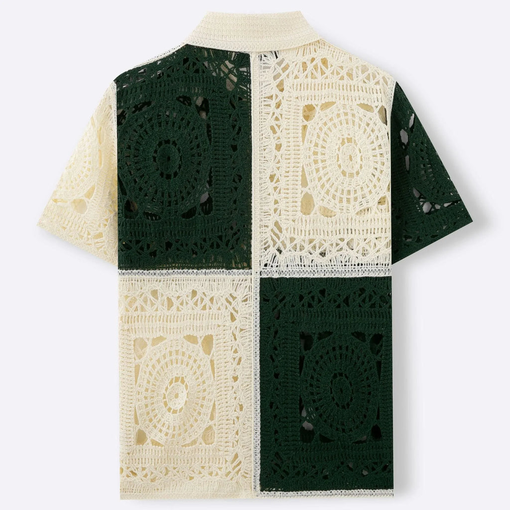 Men's beige colourblock knitted shirt with short sleeves and flocking detail